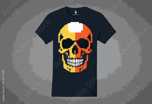 skull illustration with pixel style and retro poster t shirt design, vector graphic, typographic poster or tshirts street wear and Urban style