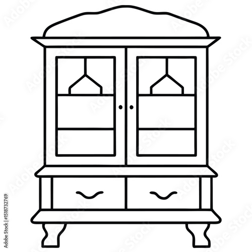 Vintage cabinet with glass doors and drawer isolated on transparent background