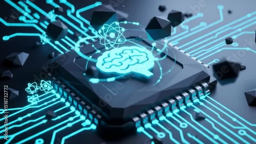 Abstract chip circuit board background. Technology connected blue lines with electronics elements on tech bg. Computer motherboard with a chip, processor, and semiconductor. Digital 3D illustration