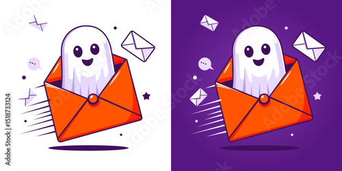 Cute Ghost. Envelope. Magic scary spirit. Halloween levitating phantom. Ghost character. Ghost envelope. Ghost invitation. Halloween banner, greeting card, poster with ghost. Spooky design
