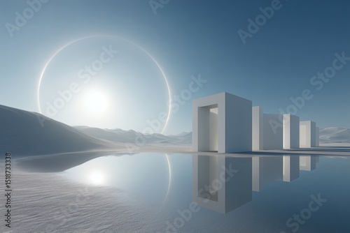 Serene landscape with geometric structures, ethereal ring, and water reflection creating a minimalist, otherworldly atmosphere in a dreamlike setting. photo