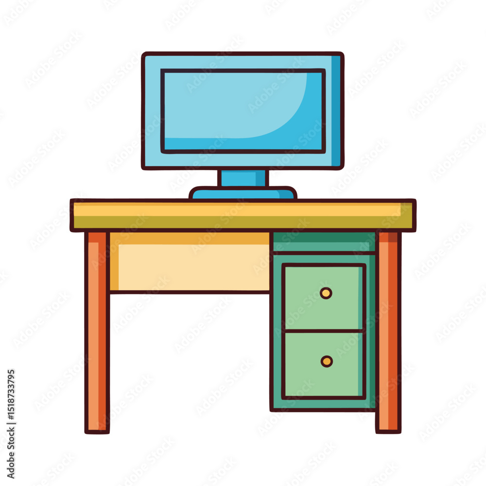 Desk with monitor isolated on transparent background in line art style