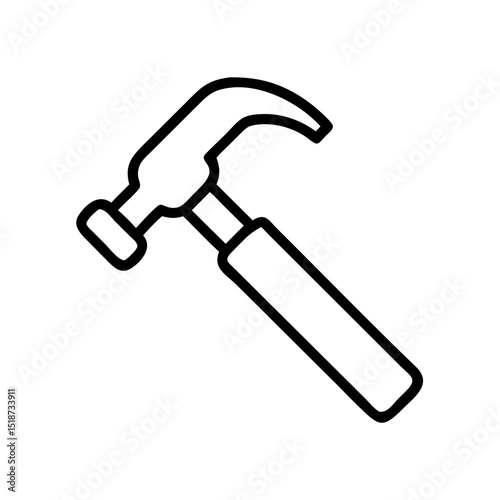 Simple graphic showing a black outline of a hammer with a handle and head on a white background