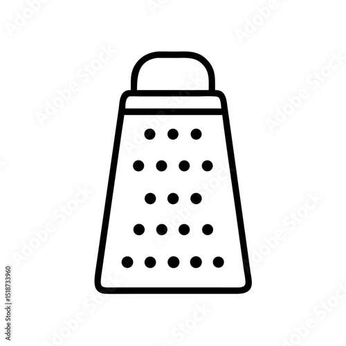 Isolated outline drawing of a metal kitchen grater with handle and grating holes on white background