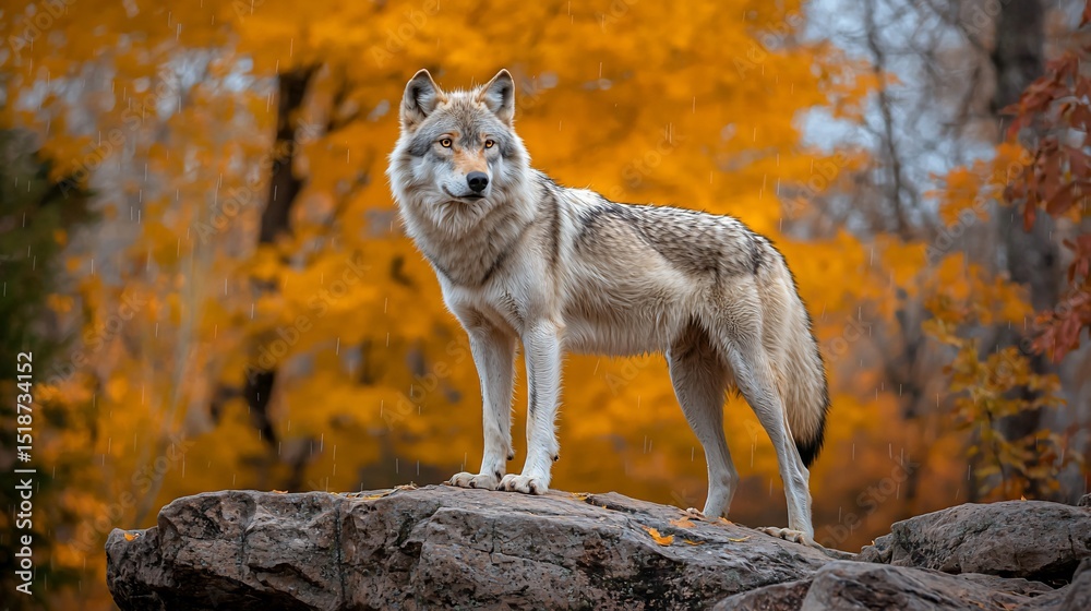 Fototapeta premium Gray wolf on autumn rock