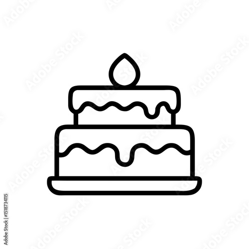 A two tiered dessert with frosting and a single topping element presented in a simple line drawing style