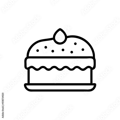 Simple graphic of a cake with topping and sprinkles on a plate in black and white outline style