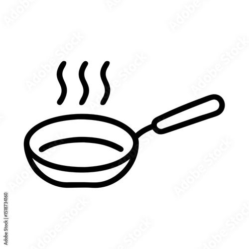 Outline drawing of a frying pan with steam rising, suggesting cooking or a hot meal preparation scene