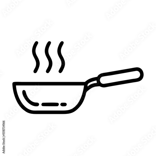 Outline drawing of a frying pan with rising steam, suggesting cooking or food preparation is happening