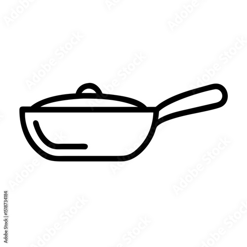 A simple graphic shows a covered cooking pan with a handle, outlined in black on a white backdrop