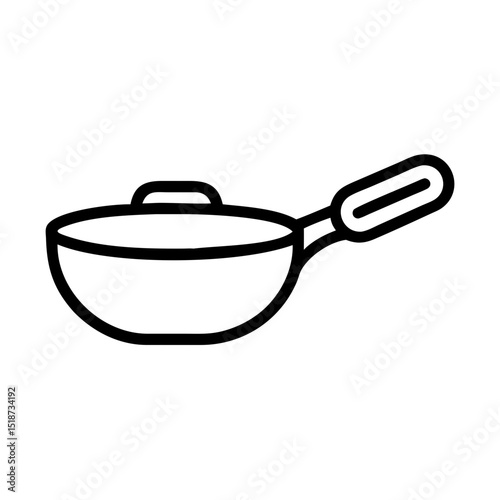 A simple graphic of a cooking wok with a handle and lid depicted in a minimalist line drawing style