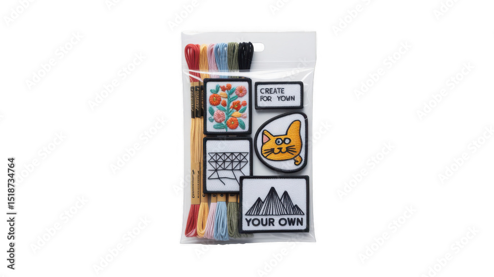 Obraz premium Diy embroidery kit featuring colorful threads, iron on patches with a cat, flowers, and geometric patterns, all packaged in a transparent plastic bag for creative projects