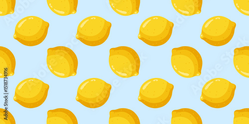 Seamless summer pattern with whole yellow fresh lemons on a bright blue background. Cartoon vector style.