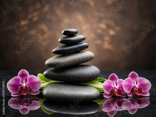 Peaceful Zen Garden with Stacked Black Stones and Orchids for Spa Decor and Wellness Tranquility