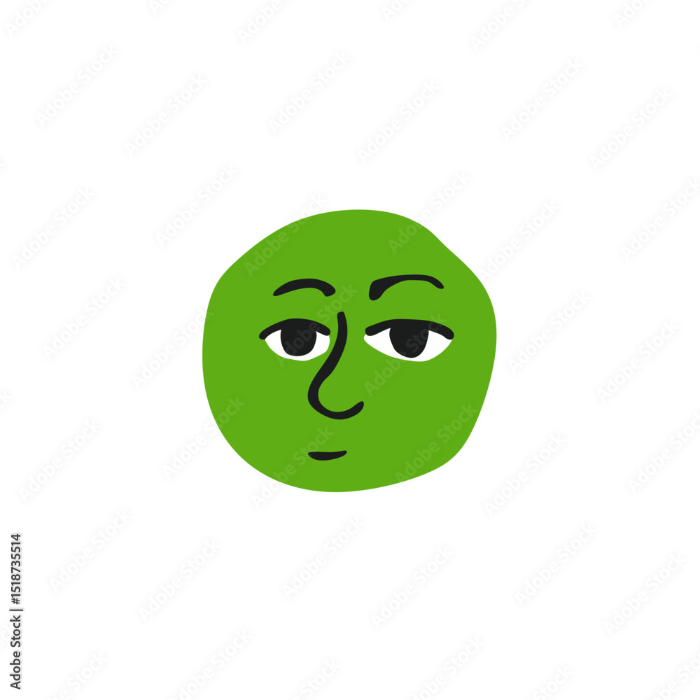 Fototapeta premium Green Skeptical Emoji Face with Side-Eyes in Minimalist Flat Vector Style for Sarcastic UI Stickers, Teen Messaging Packs, and Social App Reactions