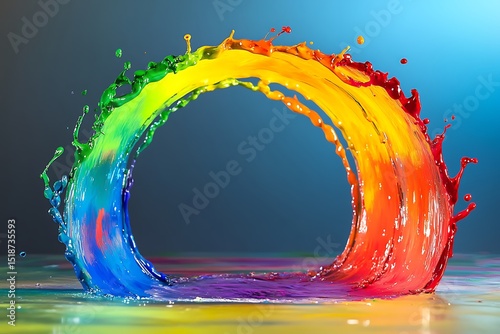 A high-speed capture of colorful paint splashes forming a beautiful rainbow arc.