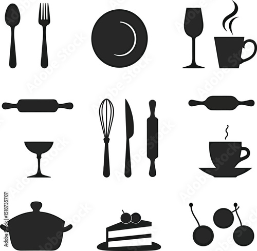 Kitchenware and food icons set vector illustration for culinary and cooking design elements art