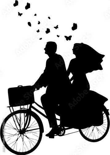 A black and white silhouette of a bride and groom riding a vintage bicycle built for two, heading away from the viewer. The bride’s veil and the groom’s coattails flutter behind them. A small suitcase