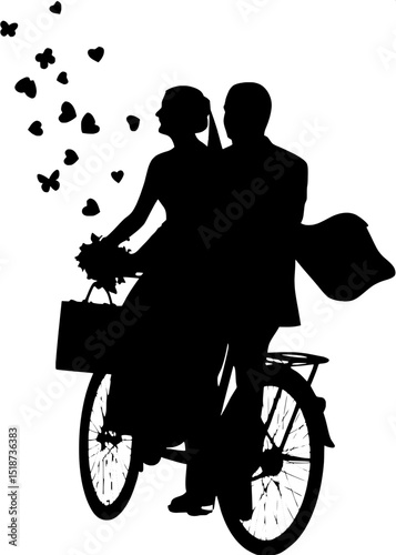 A black and white silhouette of a bride and groom riding a vintage bicycle built for two, heading away from the viewer. The bride’s veil and the groom’s coattails flutter behind them. A small suitcase