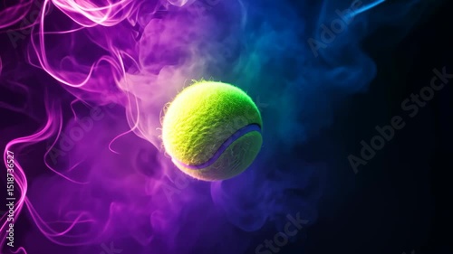 A tennis ball is resting on a court, surrounded by purple smoke. The ball is yellow and the smoke is a deep purple color. The scene gives off a mood of mystery and intrigue