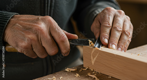 Skilled hands carving wood with a sharp chisel and wood shavings