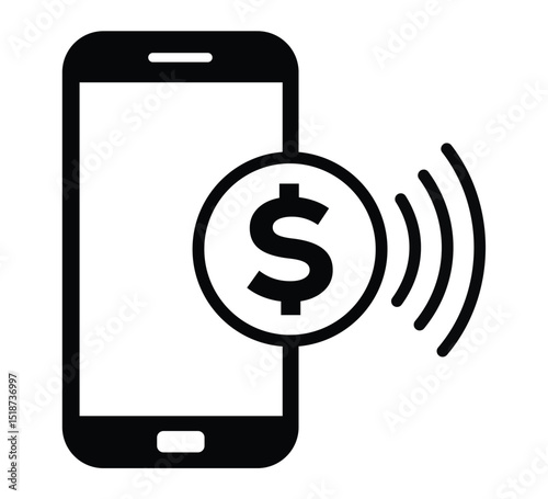 Minimalist black smartphone centered on white, screen displays radiating dollar sign icon (lower right). Stylized vector illustration representing modern contactless digital payment. Clean, functional