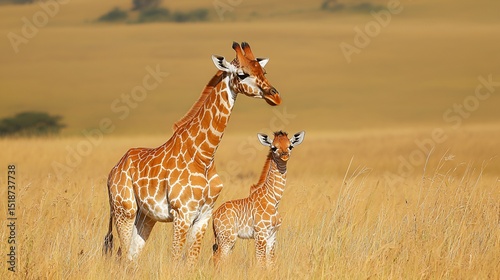 Mother giraffe and calf in African savanna.