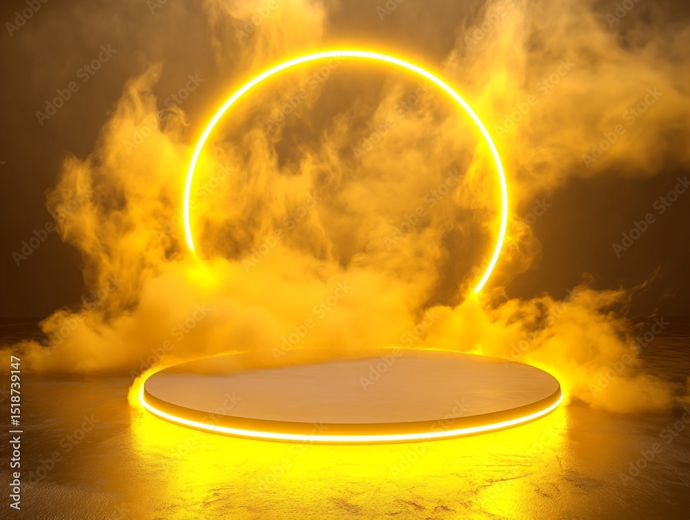Obraz premium Circular Platform and Ring Light in Yellow Smoke