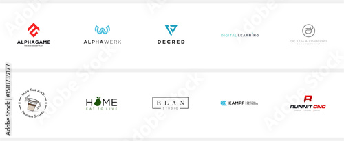 Collection of logo designs featuring business names and graphical elements