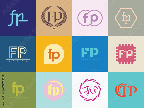 FP logo company template. Letter f and p logotype. Set different classic serif lettering and modern bold text with design elements. Initial font typography.