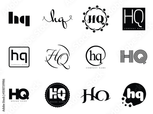 HQ logo company template. Letter h and q logotype. Set different classic serif lettering and modern bold text with design elements. Initial font typography.