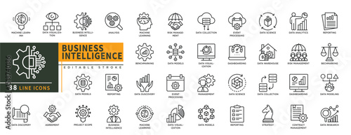 Minimalist Business Intelligence line icons set with editable stroke, featuring machine learning, data visualization, models, agreement, project scope, benchmarking, report. thin linear illustration.