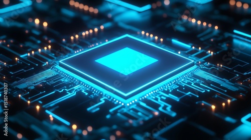 A modern tech-inspired circuit board glowing in a neon light blue hue.