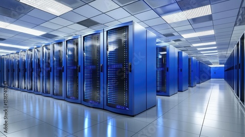 Spacious modern data center with rows of glowing blue server racks in a clean white environment, representing cloud computing, IT infrastructure, and secure digital storage facilities