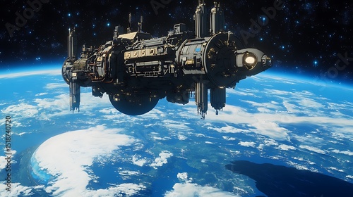 A mysterious anime space station floating above Earth, with a breathtaking view of the planet below.