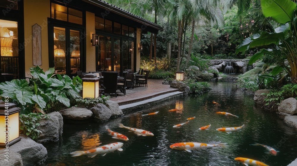 Obraz premium Tranquil outdoor patio area with koi pond, lush greenery, and a modern Asian-style building