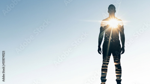 Silhouette of a person with double exposure of sunlit forest and water. Nature connection concept with copy space. Horizontal banner with copy space.