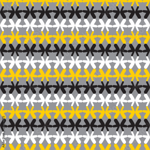 Doodle abstract pattern vector design. White, black and yellow butterfly seamless background illustration over gray.