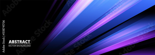 Black wide modern abstract technology background with glowing high-speed and movement blue and purple light effect. Vector illustration