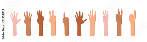 Cartoon hand count gestures in a flat style set. Various finger and palm positions ideal for counting numbers. Includes diverse bare arm and kid gestures. Great for educational use preschool child