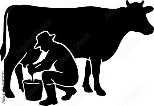 silhouette vector illustration of a person milking a cow, isolated on white
