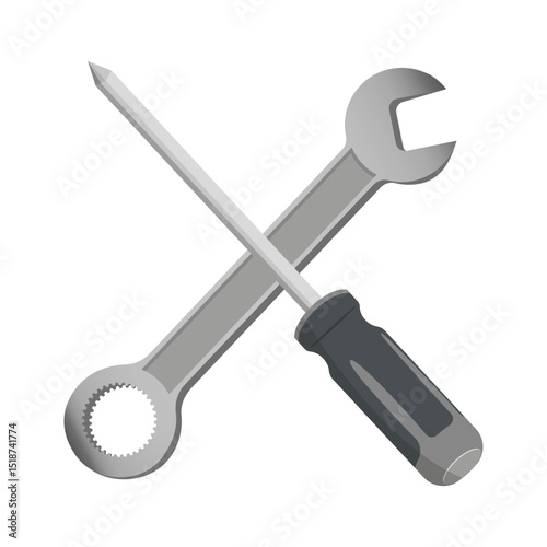 Wrench screwdriver icon. Crossed tool vector. Mechanical repair symbol. Gray hardware shape.