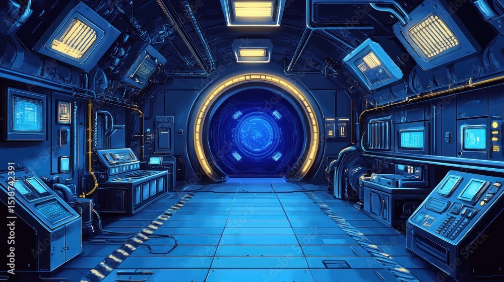 Fototapeta premium Futuristic, dark blue corridor with glowing portal