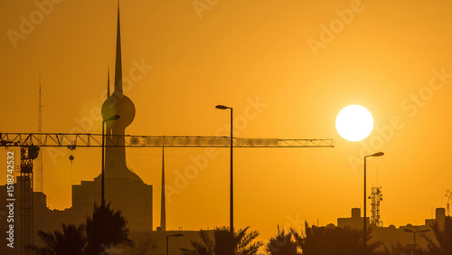 Sunrise with Kuwait Towers timelapse - the best known landmark of Kuwait City. Kuwait, Middle East