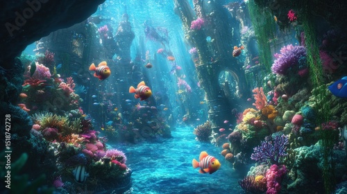 Fototapeta Naklejka Na Ścianę i Meble -  Vibrant coral reef scene with fish in a cave-like underwater canyon