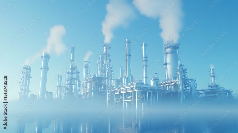 Obraz premium Industrial Complex by the Sea: A Misty Morning at the Refinery