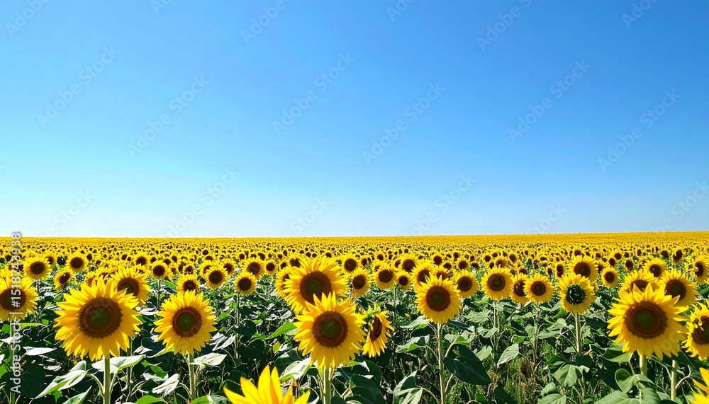 Obraz premium 一面に咲くひまわりが太陽に向かって伸びる広大な夏の野原と爽やかな青空の景色