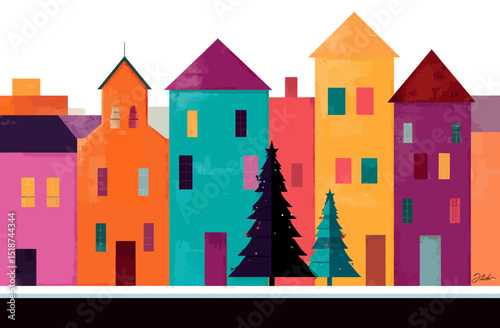 Abstract Christmas Town Colorful Urban Winter Village Illustration