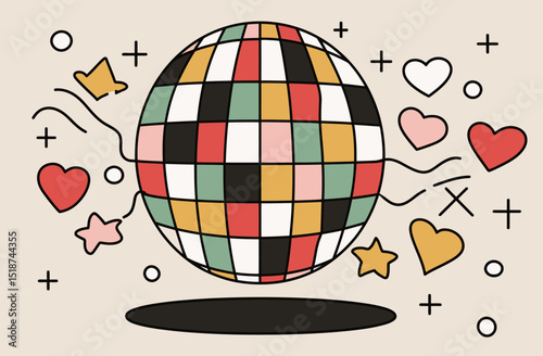 Abstract Colorful Disco Ball with Hearts and Stars Vector Illustration