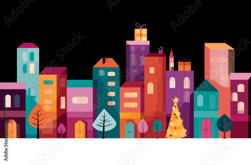 Colorful Urban Christmas Skyline Illustration